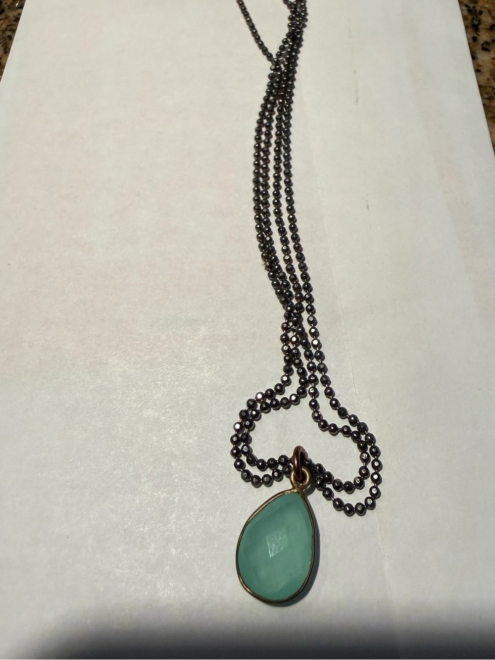 Mystic Teardrop Pendant Necklace - Green Stone on Gunmetal Chain short or long